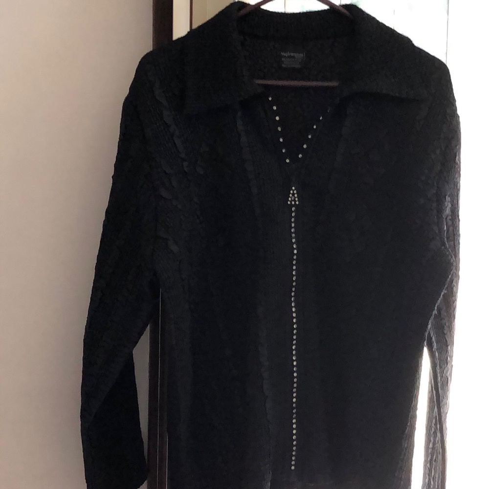 Rhinestone zipper black stretchy polyester jacket